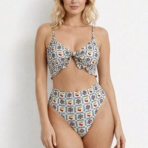 Dippin' Daisy's Cream Floral Tie-Front Bikini with Red & Blue Accents